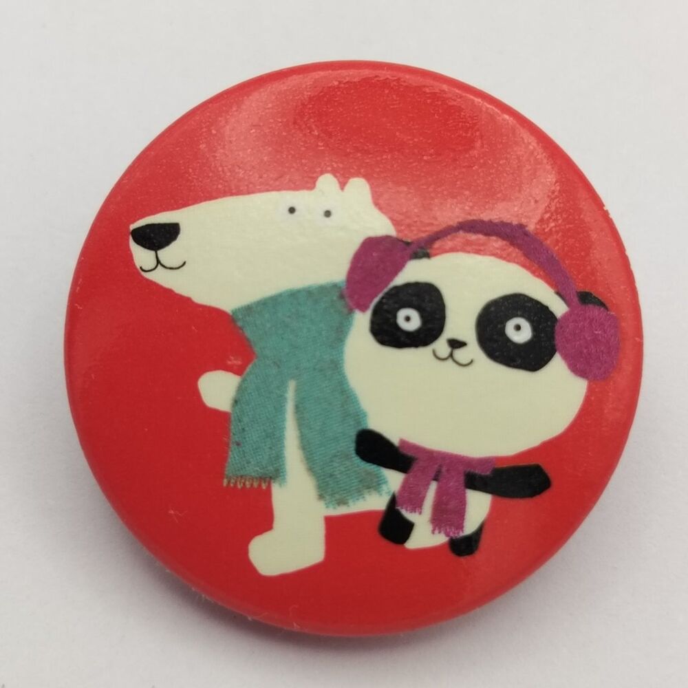 Polar Bear Panda Pinback Button Winter Friends Holiday Christmas Round